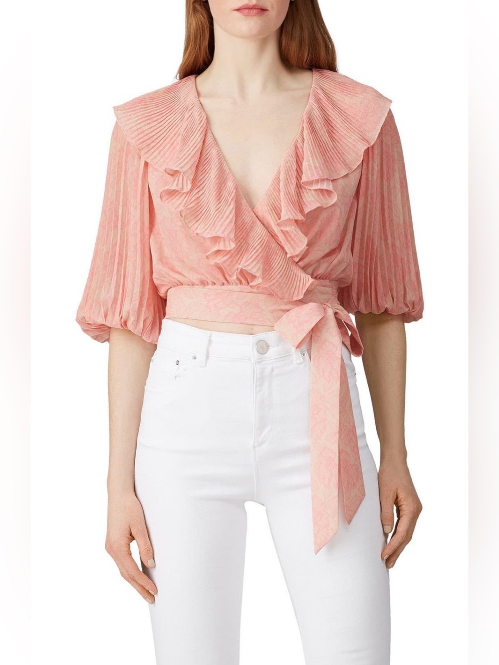 AMUR~Pink Blush Pleated Naya Wrap Top with Ruffle Collar~Size Small~$348~